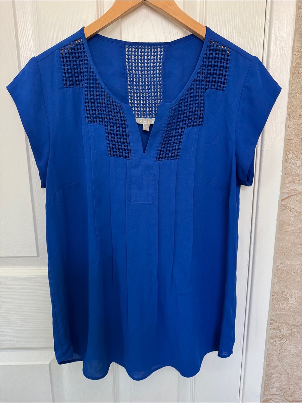 Daniel Rainn Royal Blue Split-Neck Embellished Blouse